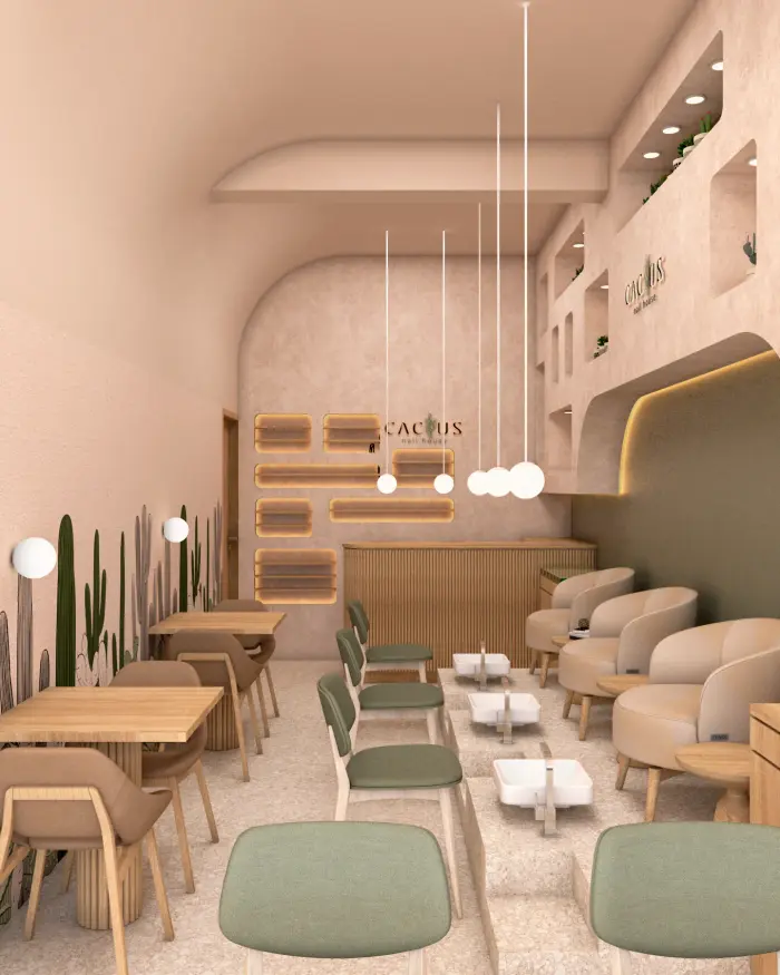 Cactus Lomas — render del salón de uñas con mural de cactus