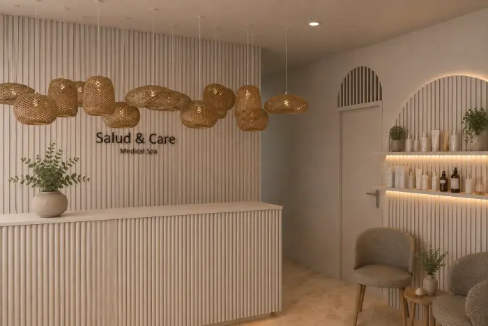 Recepción renovada de Salud & Care, clínica estética en Mérida